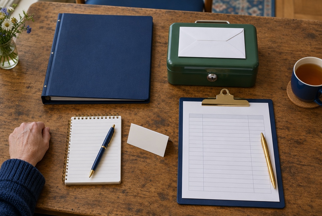 A blue binder, a locked green cash box with an envelope, a notepad with a name card, and a clipboard with a blank scoring sheet laid out on a wooden table