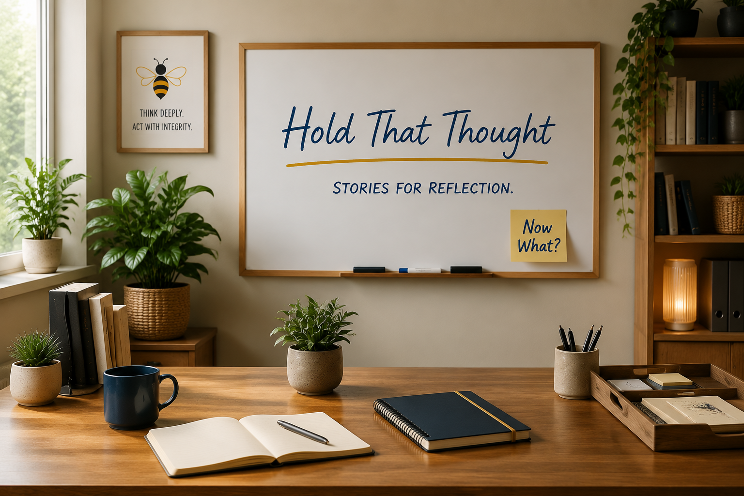 A whiteboard reading 'Hold That Thought — Stories for Reflection' with a sticky note asking 'Now What?'