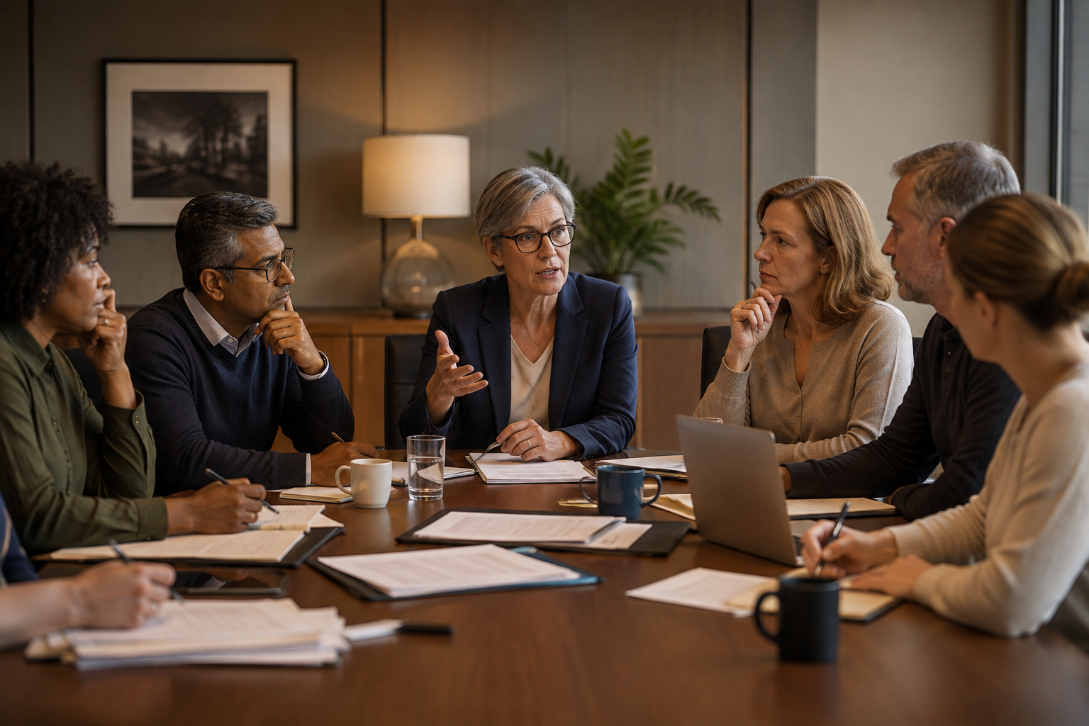 Board members in a serious discussion around a conference table — Stories From the Boardroom
