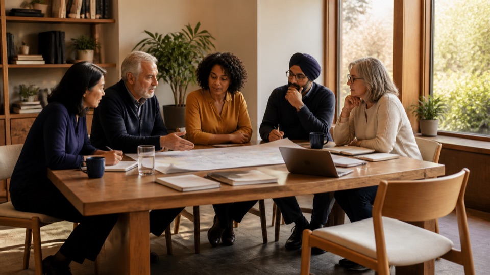A small group gathered around a table, working together