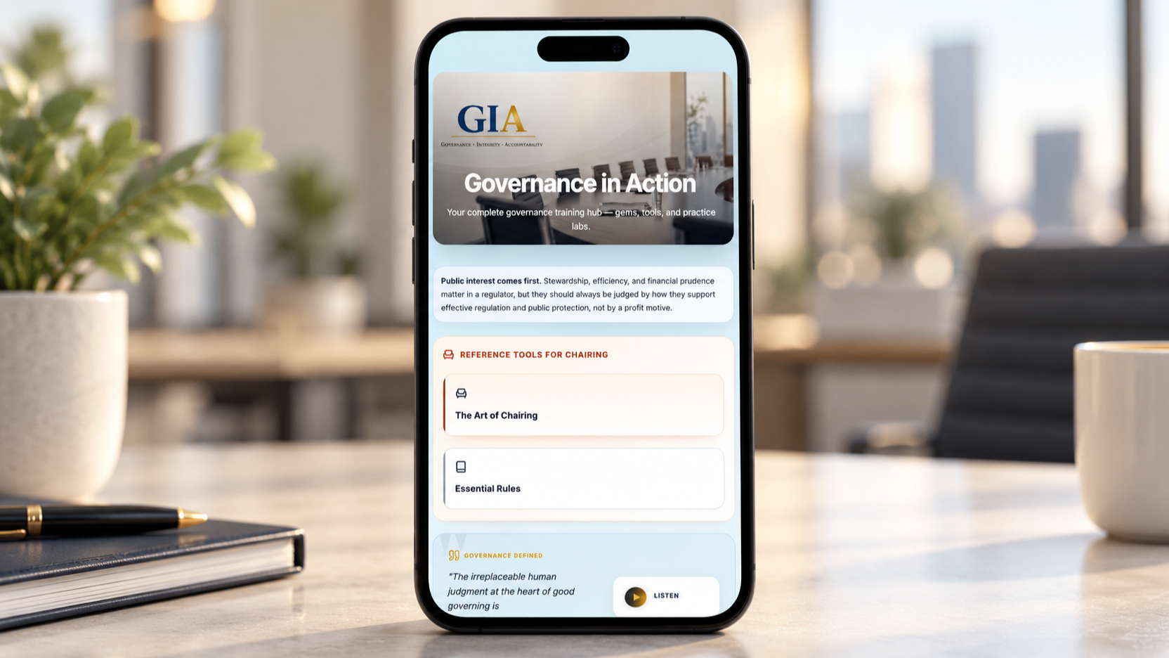 Governance in Action displayed on a mobile phone