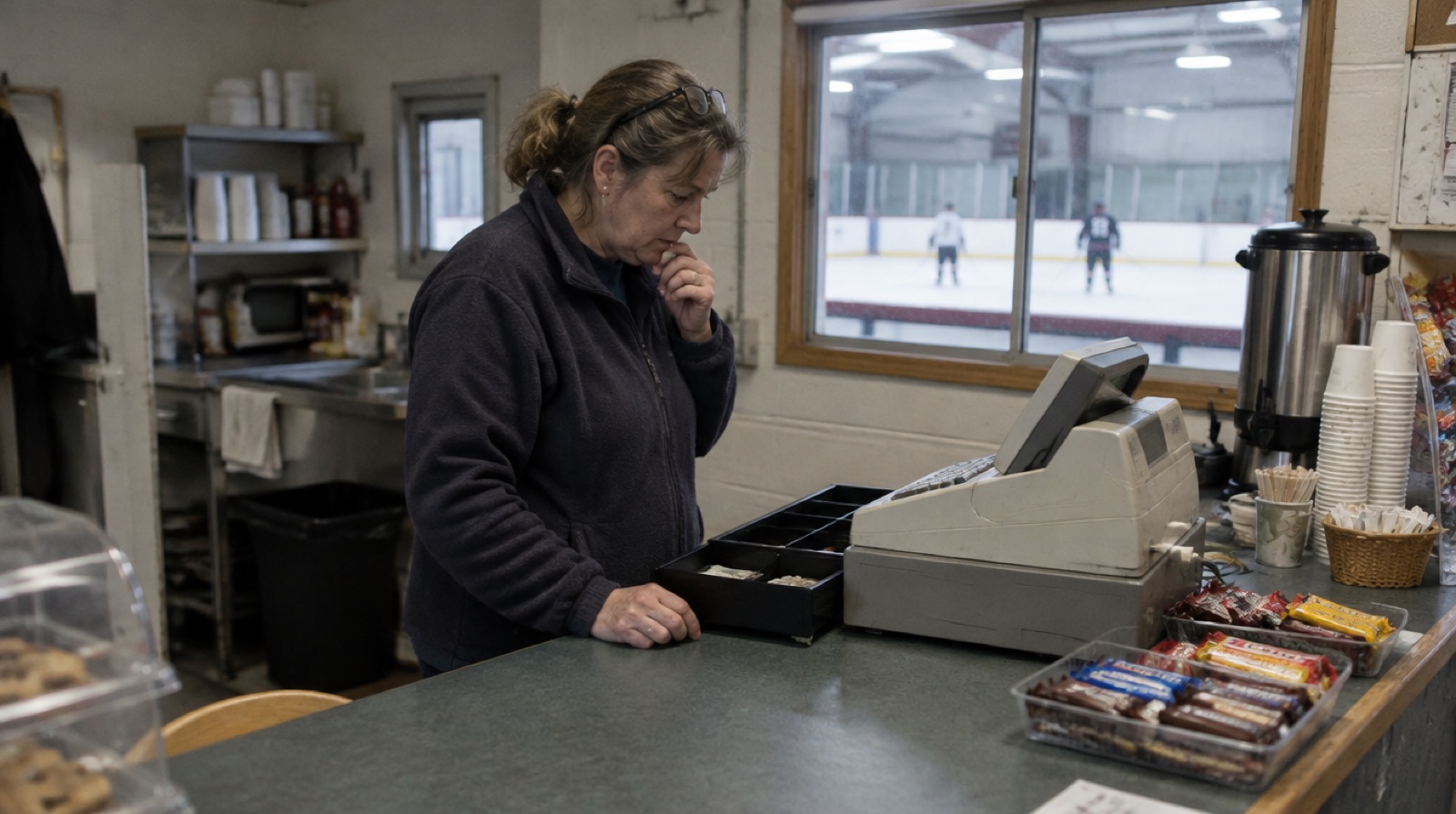 A volunteer stands at a community arena canteen register with the drawer open, looking at it thoughtfully